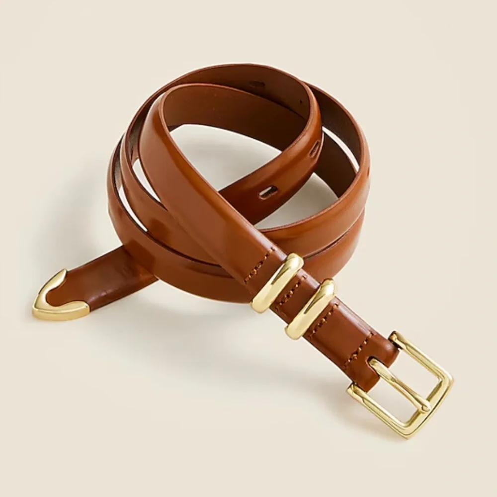 NWT J. Crew Thin Italian spazzolato leather belt glazed pecan Gold Buckle Medium